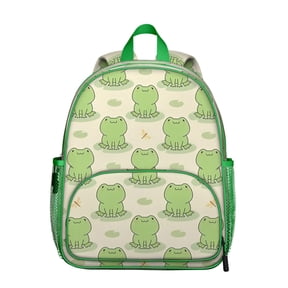 Forest Frog Student Backpack – Cute Green Frog Cartoon Print With Nature Plant Mushroom Pattern