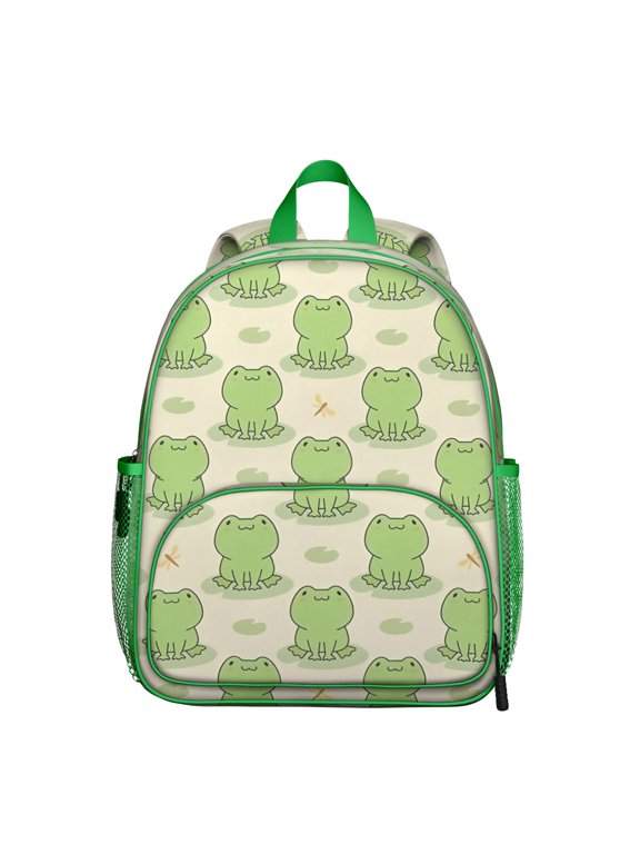 Forest Frog Student Backpack – Cute Green Frog Cartoon Print With Nature Plant Mushroom Pattern