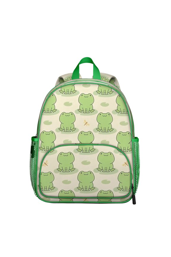 Forest Frog Student Backpack – Cute Green Frog Cartoon Print With Nature Plant Mushroom Pattern