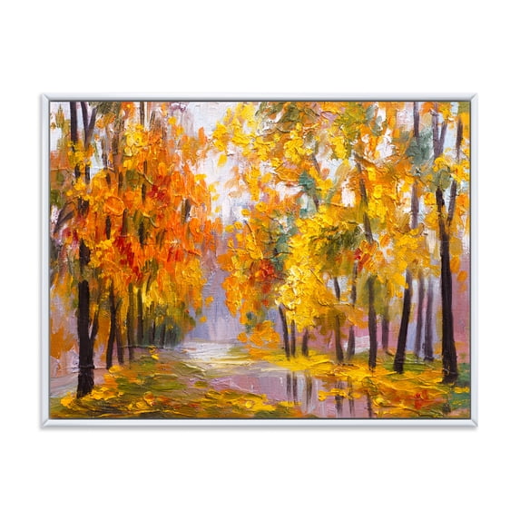 Forest Full Of Fallen Leaves In Autumn Along River 32 in x 24 in Framed Painting Canvas Art Print, by Designart