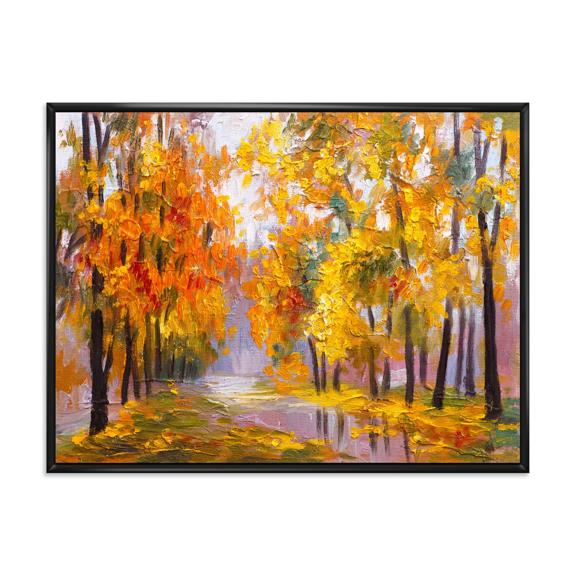 Forest Full Of Fallen Leaves In Autumn Along River 40 in x 30 in Framed Painting Canvas Art Print, by Designart