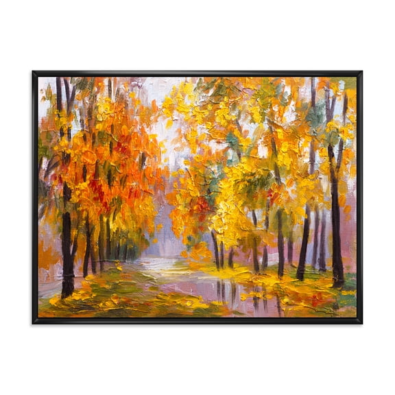 Forest Full Of Fallen Leaves In Autumn Along River 40 in x 30 in Framed Painting Canvas Art Print, by Designart