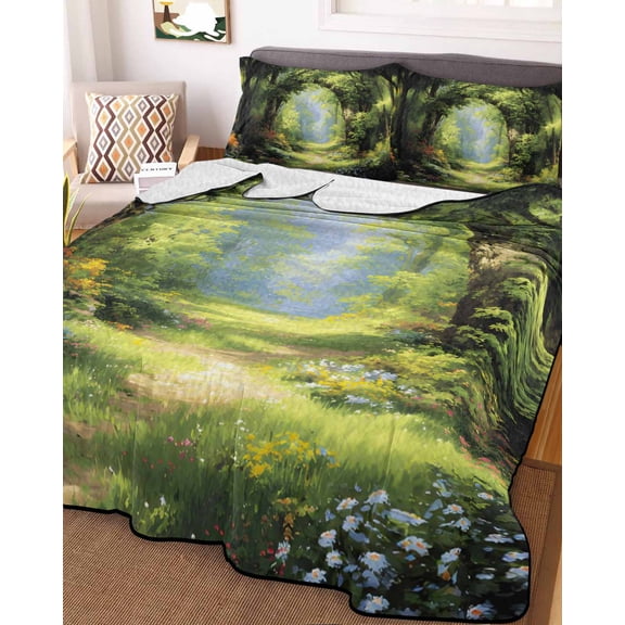 Forest Full Size Down Alternative Comforter, Lightweight Comforter Quilt Bedding Set with Pillow Shams Nature Woodland Spring Scenic Green Trees Flower All Seasons Bed Comforter Duvet Insert 78"x90"