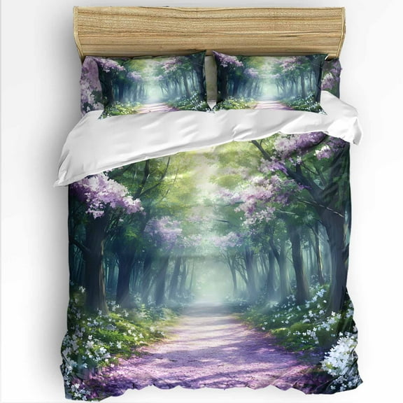 Forest Full Size Comforter Set, Flowers Spring Landscape Soft Bedding for All Seasons, 4 Pcs Bed Set with 1Comforter (86"x86") ,1 Sheet(80"x116"), 2 Pillowcases (19"x29")