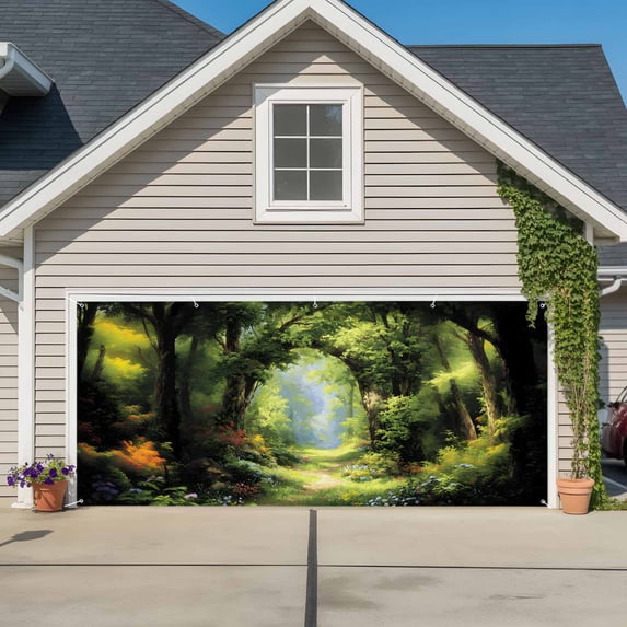 Forest Garage Door Cover Banner 7 x 8 FT, Nature Woodland Spring Scenic Green Trees Flower Garage Door Curtains Backdrop with Grommets for Indoor Outdoor Wall Party Porch Yard Decorations Background