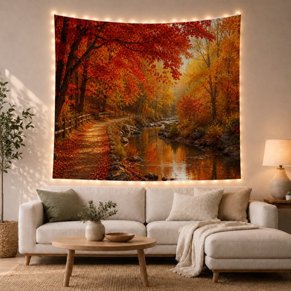 Forest Gently Flowing with River Photorealistic Harvest Toned, Mystical Fantasy for Space Lovers, Wall Decor, Mother'S Day Gift, Tapestry Wall Hanging for Dorm and Living Room