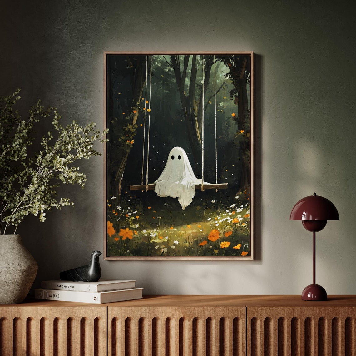 Fun Ghost Poster Forest Ghost On Swing Art Whimsical And Enchanting Nature Art Poster ...