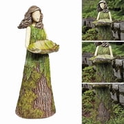 Forest Girl Bird Feeder, Garden Statuary with Bird Feeder, Bird Girl Statue Outdoor Figurine, Green Statue Bird Feeder Resin Decoration