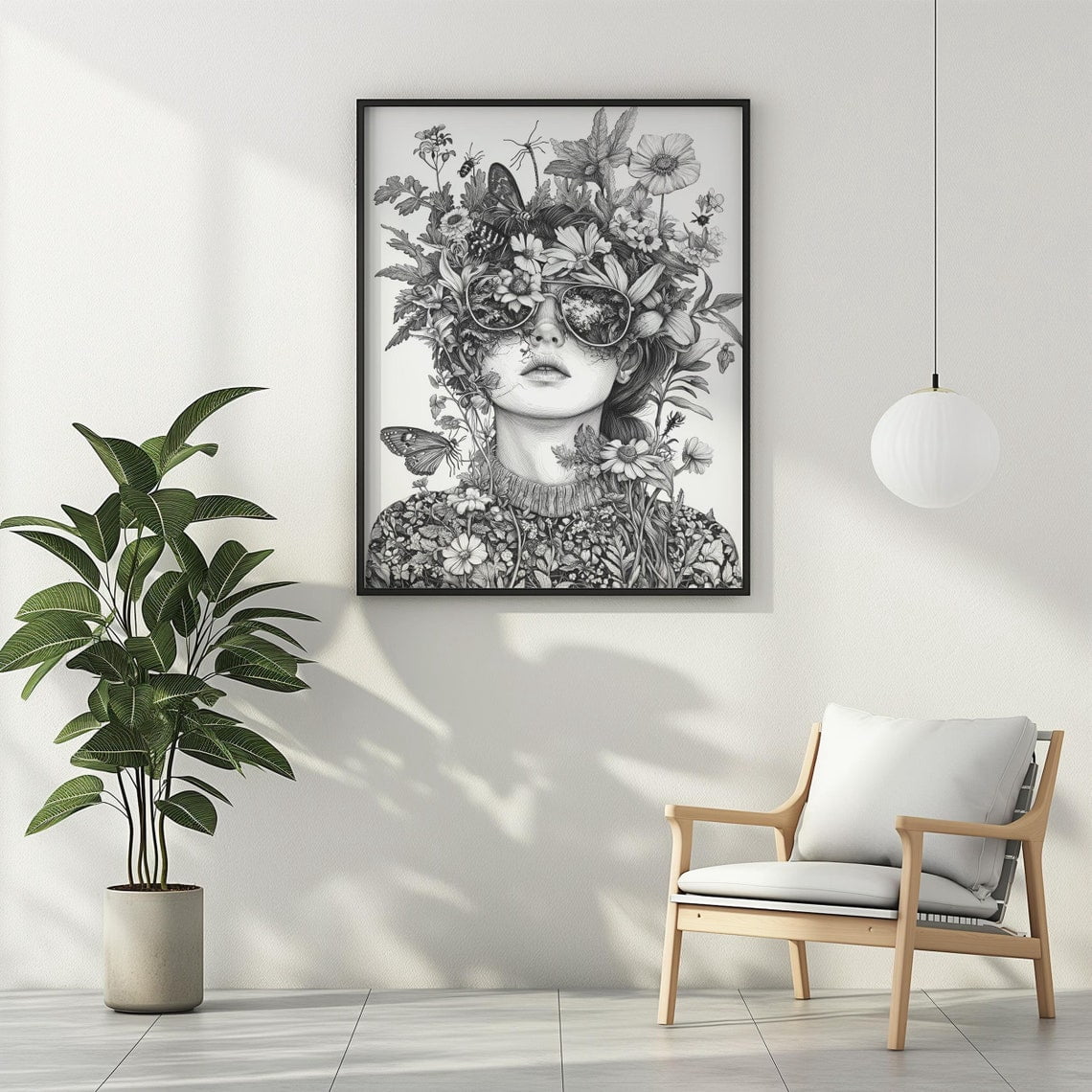 Forest Girl Wildflower Insects Butterfly Drawing Flower Head Botanical Nature Aesthetic Poster ...