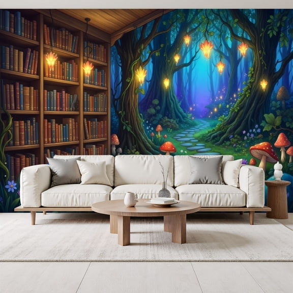 Sticks Drawin Blue Fantasy Forest Landscape Wallpaper Glowing Mushrooms Giant Trees ...