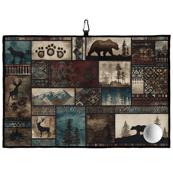 Forest Golf Towel 24" X 16" Western Country Bear Elk Deer Wildlife Plaid Microfiber Towels for Golf Bags with Carabiner Clip Absorbent Waffle Texture Portable Towel Golf Accessories for Men