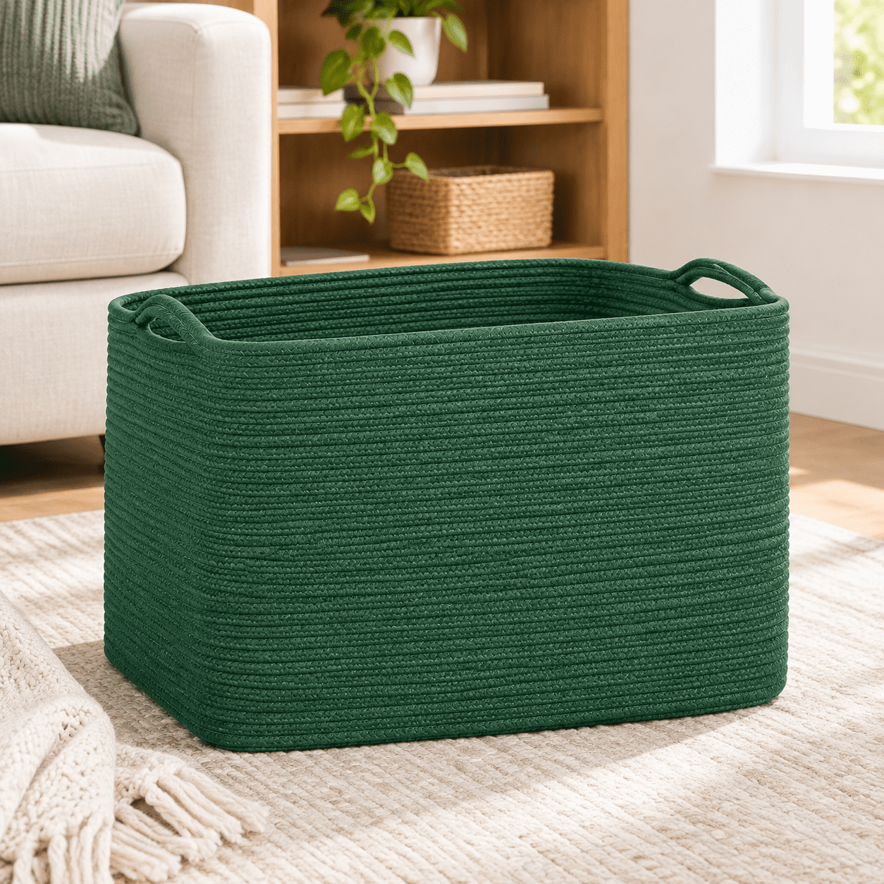 Forest Green 112L Extra Large Rectangle Cotton Rope Storage Basket with ...