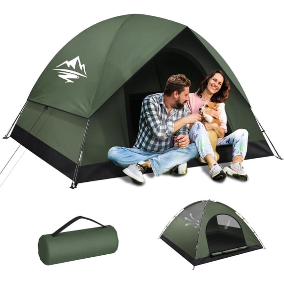 Forest Green 2-Person Waterproof Camping Tent with Rainfly – Dome Style, Easy-Setup, Portable 3-Season Outdoor Tent for Backpacking and Hiking
