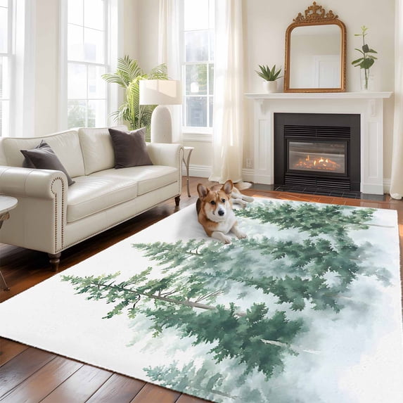 Forest Green Area Rug 5x8 FT, Non Slip Bedroom Throw Carpet, Spring Summer Watercolor Pine Tree Washable Soft Floor Carpet Non-Shedding Rug for Living Room Nursery Dorm Office