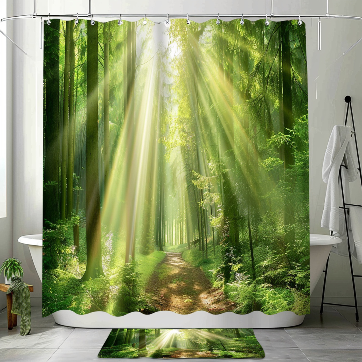 Forest Green Bathroom Set with Sun Rays Shower Curtain 3D Rendering