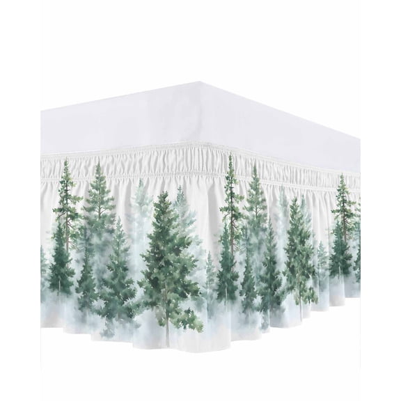 Forest Green Bed Skirt Queen Size, Spring Summer Watercolor Pine Tree Wrap Around Bed Skirting with Adjustable Elastic Strap, Dust Ruffle Pleated Bedskirts 16 Inch Drop for Bedroom Queen Beds