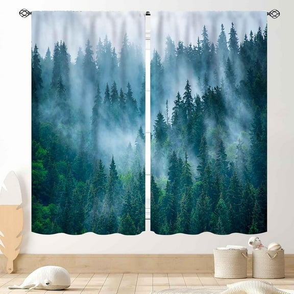 Forest Green Blackout Curtains, Misty Woodland Nature Green Pine Trees Branch Wildlife Landscape Forest Dark Green Scenery Window Drapes Treatment for Bedroom Living Room Kitchen 2 Panel, 52"x84" Inch
