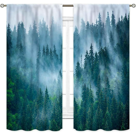 Forest Green Blackout Curtains, Misty Woodland Nature Green Pine Trees Branch Wildlife Landscape Forest Dark Green Scenery Window Drapes Treatment for Bedroom Living Room Kitchen 2 Panel, 42"x63" Inch