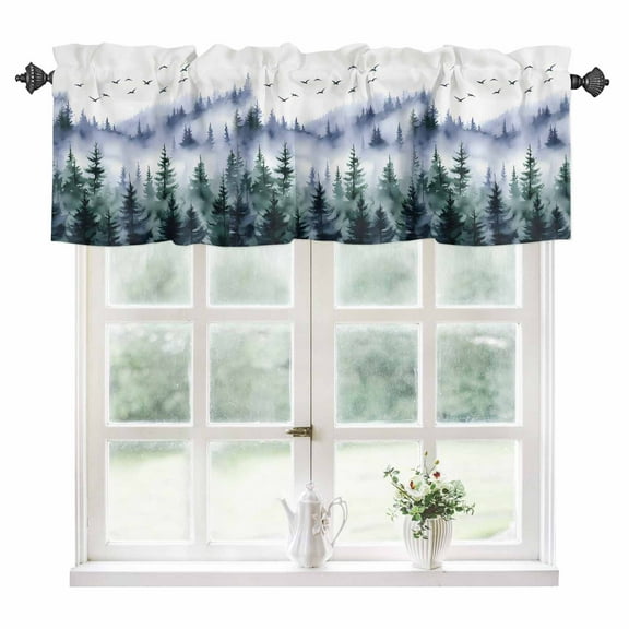 Forest Green Blue Kitchen Valances for Windows 42x12 Inch Kitchen Curtains Valances Rod Pocket Spring Watercolor Ombre Tree Bathroom Window Valances for Window Treatment Decor