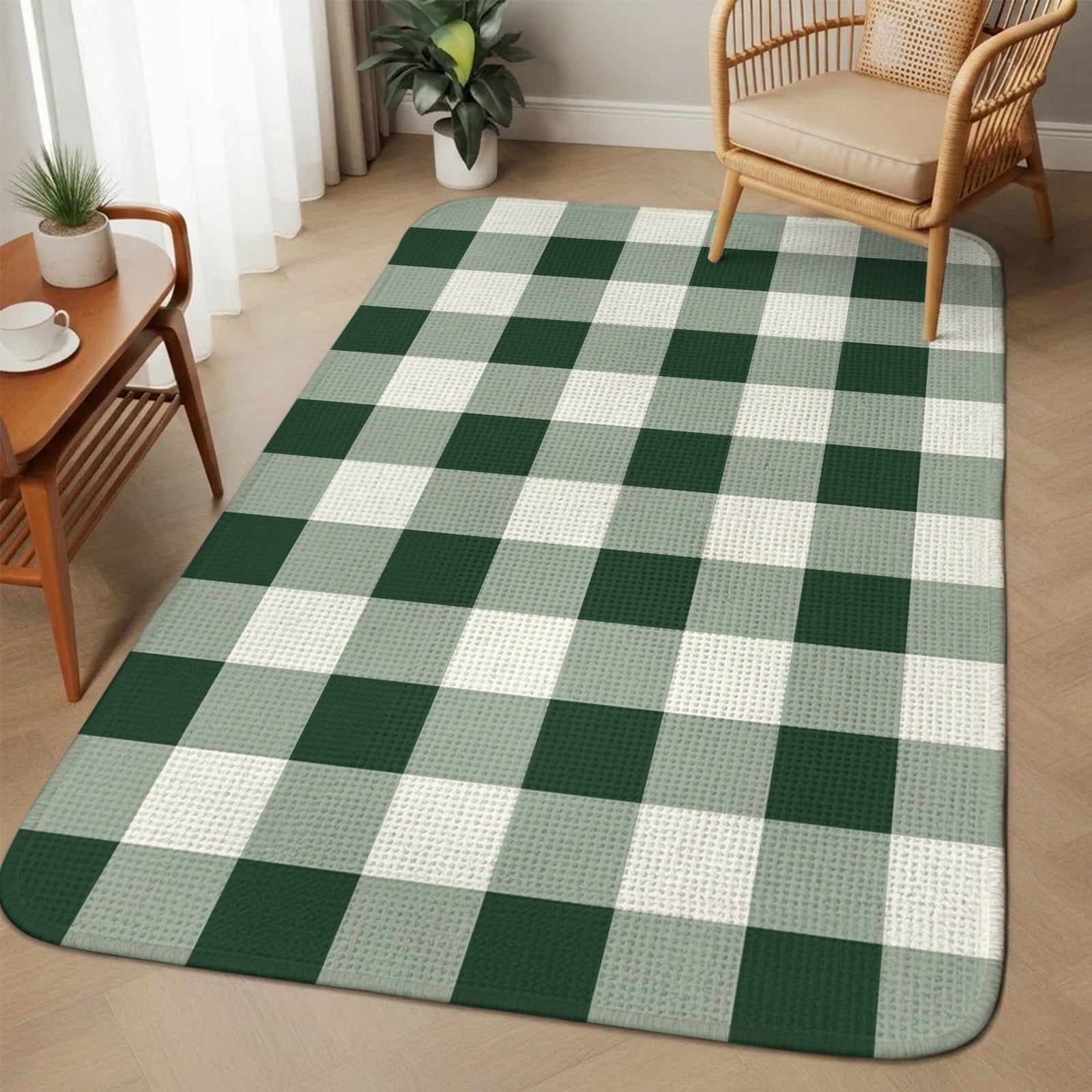 Forest Green Checked Washable Area Rugs for Living Room Bedroom, Large ...