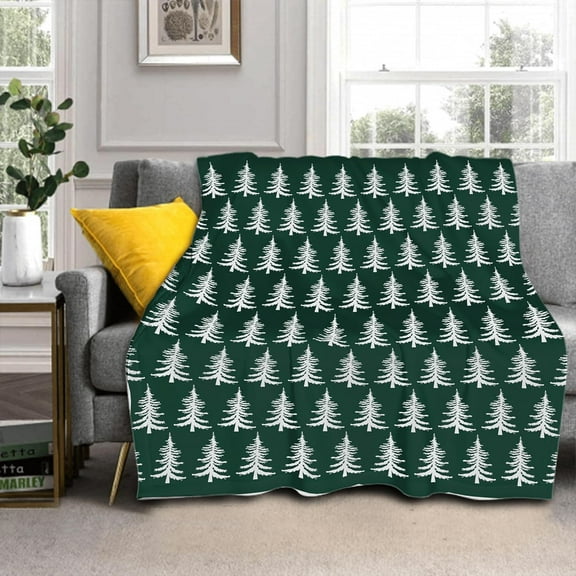 Forest Green Christmas Blanket 60"x50" White Xmas Tree Pattern Design Block Print Blanket Lightweight Warm Soft Blanket Farmhouse Winter Holiday Decor for Home Living Room Sofa Couch Bed