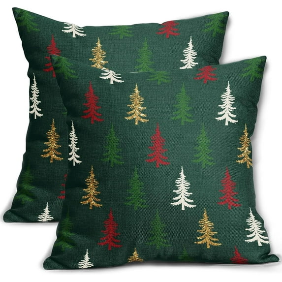 Forest Green Christmas Pillow Covers 16x16 Set of 2 Red White Gold Rustic Holiday Print Decorative Outdoor Pillowcases Farmhouse Winter Decorations Throw Cushion Case Decor for Couch Sofa Bed