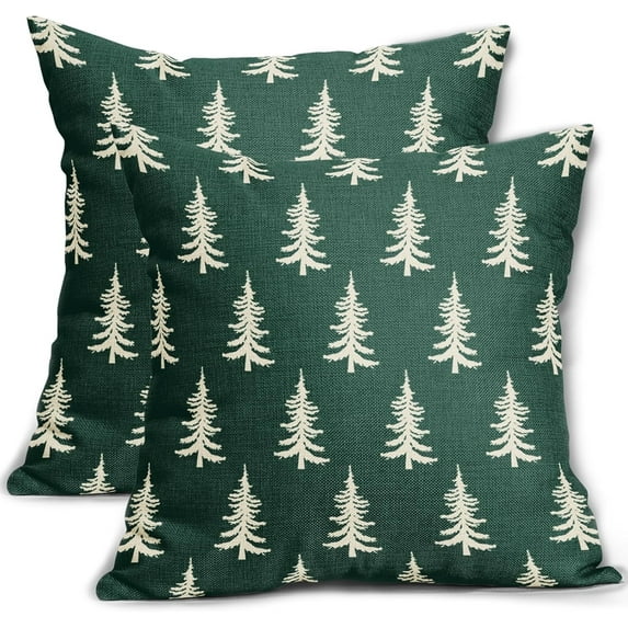Forest Green Christmas Pillow Covers 20x20 Set of 2 Xmas Tree Rustic Style Winter Print Decorative Outdoor Pillowcases Holiday Decorations Throw Cushion Case Decor for Couch Sofa Bed