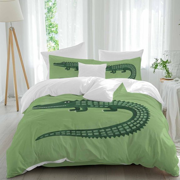 Forest Green Crocodile Comforter Set King Size, Playful Scute Ridges Green Backdrop Eclectic Soft Bedding Set for Man Woman, 4 Pieces Duvet Cover Set with Fitted Sheet, 2 Pillowcases
