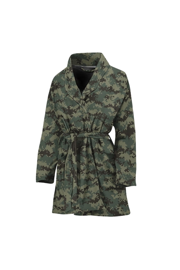 Forest Green Digital Camo Pattern Women Bathrobe One Size Univeral Fits, Camo Camouflage Fashion Lightweight Plush Fleece Long Robe For Women