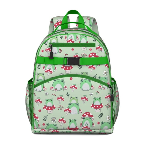 Forest Green Frog Students Backpack with Cute Cartoon Frog Print, Mushroom and Plant Pattern, and Nature-Inspired Design
