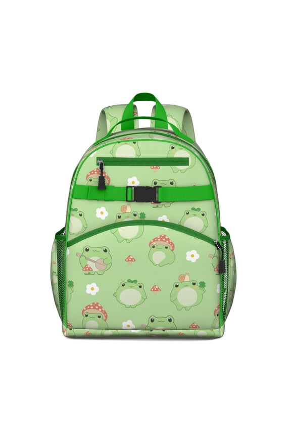 Forest Green Frog Students Backpack with Cute Cartoon Frog Print, Mushroom and Plant Pattern, and Nature-Inspired Design