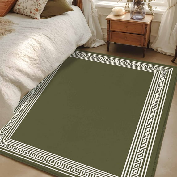 Forest Green Geometric 4x6 Area Rugs, White Greek Key Design Abstract Modern Art Non-Skid Rubber Backing Large Rectangle Rugs - Living Room Bedroom Home Office, Indoor Floor Mat Carpets Washable Rug