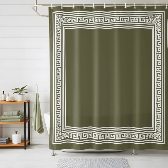 Forest Green Geometric Shower Curtains for Bathroom, White Greek Key Design Abstract Modern Art Waterproof Fabric Shower Curtain, Decorative Bathroom Curtain for Bathtub, 72"x72" , No Hooks Included