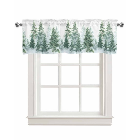 Forest Green Kitchen Valances for Windows Farmhouse Linen Window Valance Curtain for Living Room Window Treatment Spring Summer Watercolor Pine Tree Valance Rod Pocket Topper Drape, 60 x 18 Inch