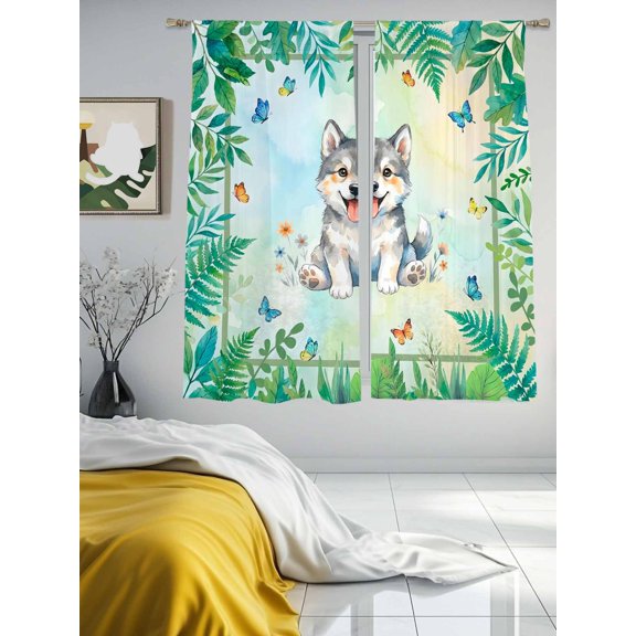 Forest Green Leaf Wolf Chiffon Sheer Curtains 63 Inches Long Cartoon Animal Rustic Butterfly Flower Rod Pocket Window Curtains Voile Drapes Curtains for Living Room Bedroom,2 Panels