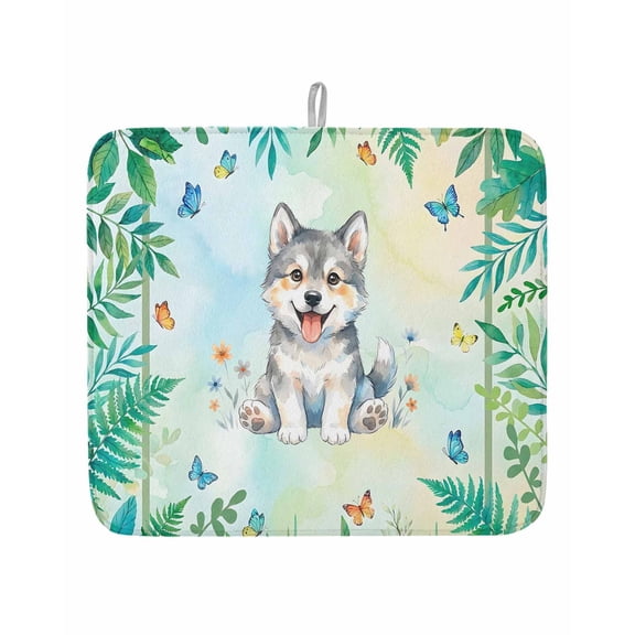 Forest Green Leaf Wolf Dish Drying Mats for Kitchen Counter,Absorbent Microfiber Dish Drainer Rack Mat Cartoon Animal Rustic Butterfly Flower Drying Pad for Sinks,Utensils,Countertops,16x18in