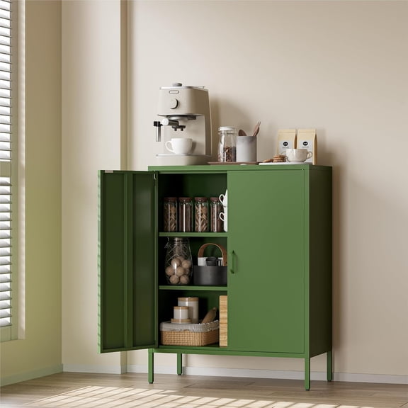 Forest Green Metal Cabinet, 40 Kitchen Pantry & Coffee Bar Cabinet, 3-Tier Adjustable Shelf Organizer with Magnetic Doors, Rustic Modern Sideboard for Dining Room, Home Office