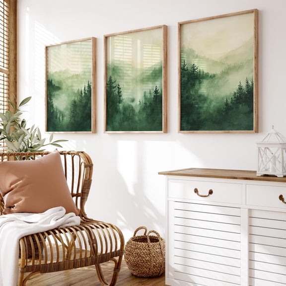 Forest Green Mountain Sage Green Pine Forest Landscape Abstract Nature, Poster Only