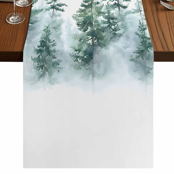 Forest Green Ombre 120 Inch Table Runner, Watercolor Sage Green Trees Farmhouse Dresser Scarf Cotton & Linen Tablerunner for Dining/Kitchen Island/Holiday Party Décor 13" x 120"