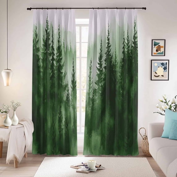 Forest Green Ombre Blackout Curtains for Bedroom/Living Room, Pinch Pleated Black Out Curtains, Watercolor Modern Tree Room Darkening Window Drapes with Hooks 2 Panels, 39"x70"