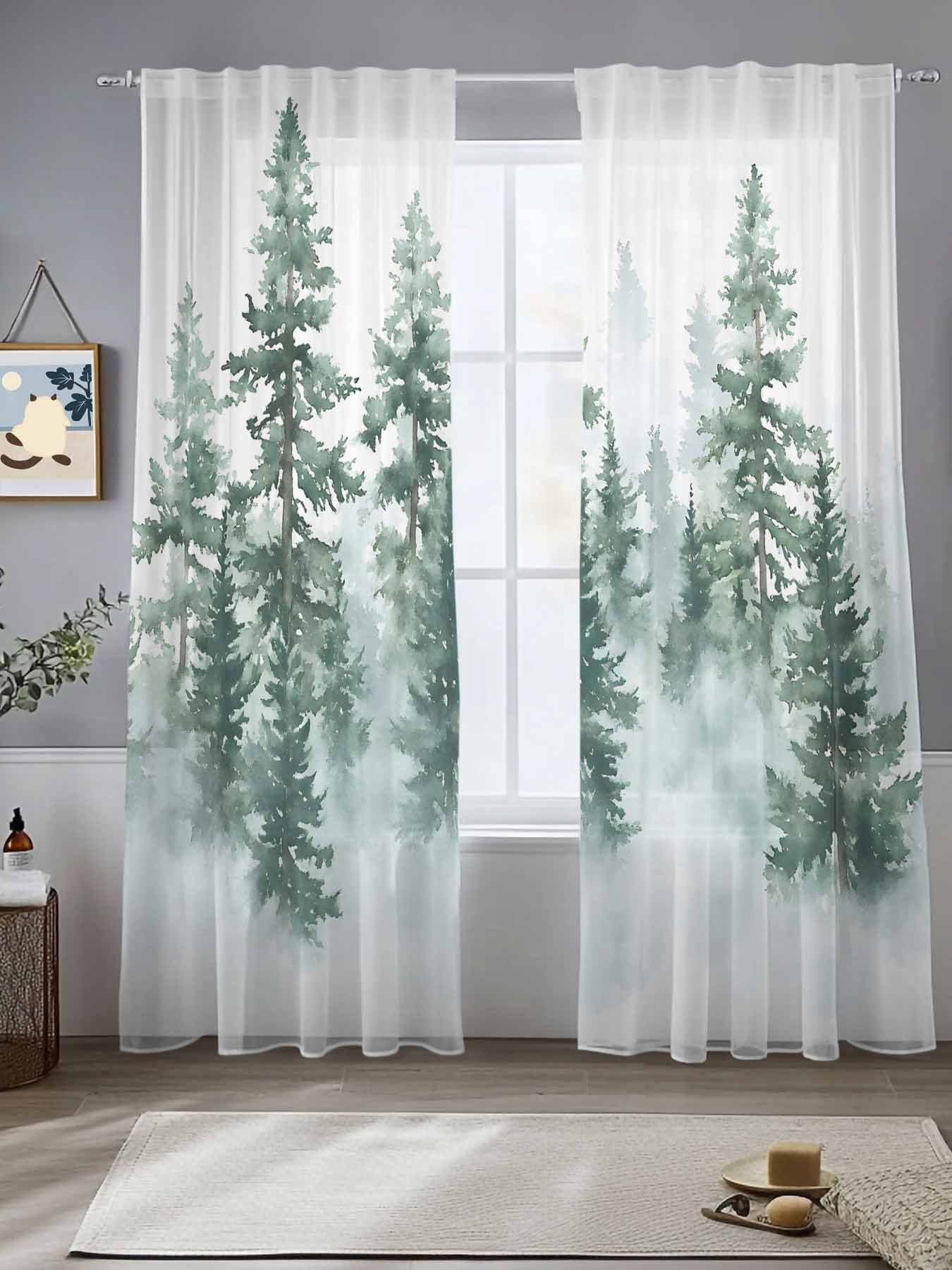 Forest Green Ombre Sheer Curtains for Living Room Bedroom Watercolor