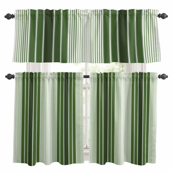 Forest Green Ombre Stripe Kitchen Curtains Sets for Windows 24 Inch Length, Farmhouse Simple Striped Rod Pocket Window Treatments Tier Curtains and Valances Set for Bedroom/Bathroom