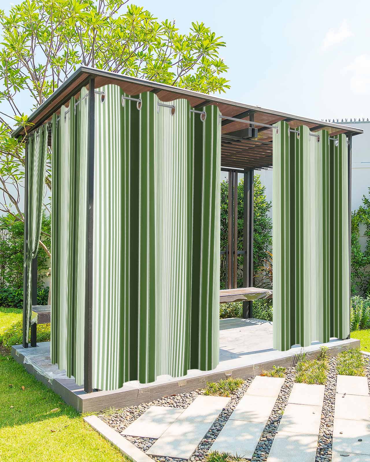 Forest Green Ombre Stripe Outdoor Curtains for Patio, Farmhouse Simple Striped Privacy Drapes Grommet Waterproof Outside Curtains for Porch/Cabana/Balcony 54"x 95", 2 Panel