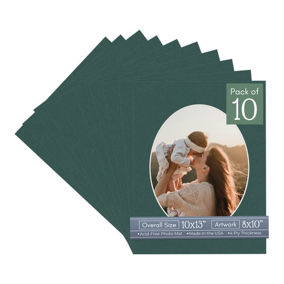 Forest Green Picture Frame Mat for 10x13 Frames - Oval Opening for 8x10 Photos - 10 Mats