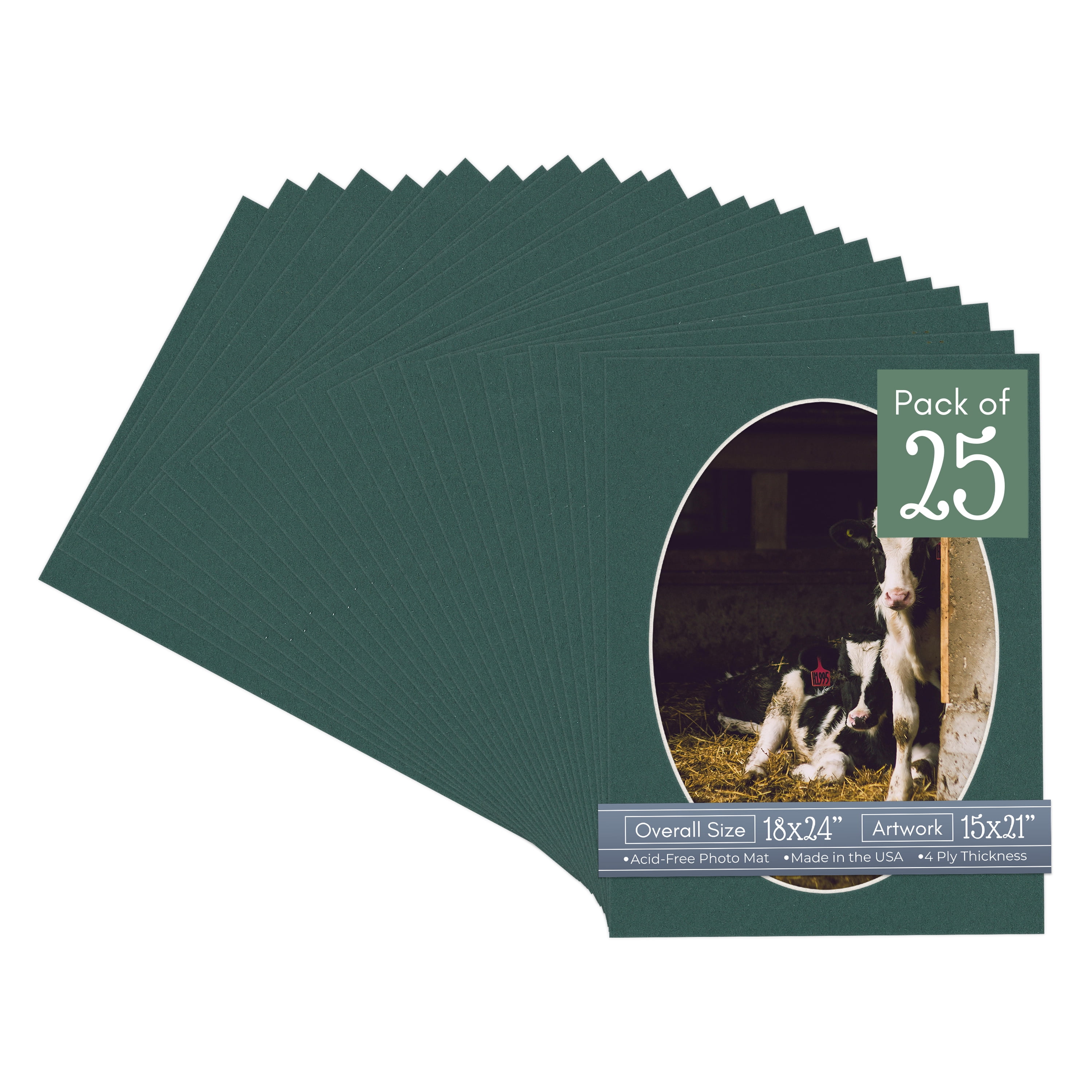 Forest Green Picture Frame Mat for 18x24 Frames - Oval Opening for 15x21 Photos - 25 Mats