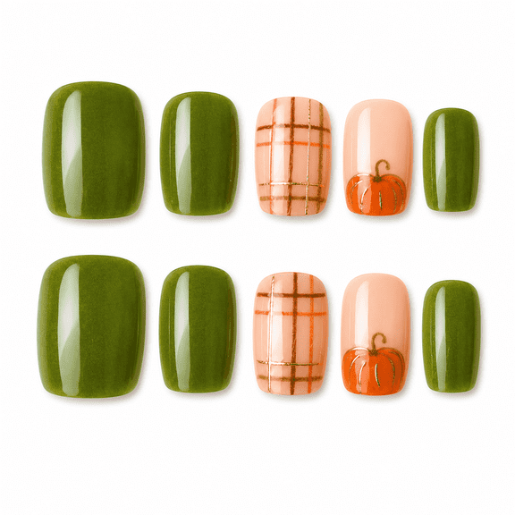 Forest Green Pumpkin Plaid Press on Nails, Short Square Glossy False Nails, 30 Count