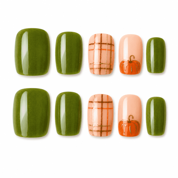 Forest Green Pumpkin Plaid Press on Nails Short Square Fake Nails with Glossy Finish Forest Green Full Cover Adhesive Press Ons Nail Art Tips Graceful Acrylic False Nails Holiday Gift 30 Pcs
