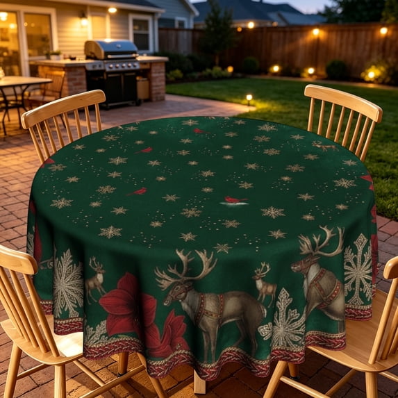 Green Tablecloth Pattern Forest Green Reindeer Snowflake Pine Holly Berry Pattern Round ...