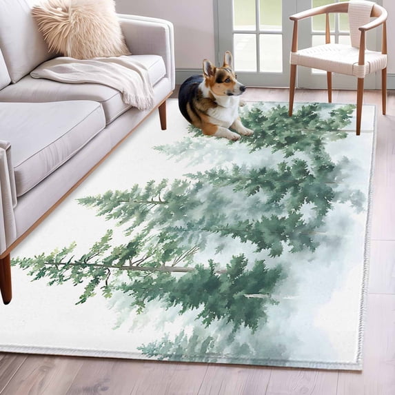 Forest Green Runner Rug 2.7x5 FT, Non Slip Entryway Carpet, Spring Summer Watercolor Pine Tree Washable Soft Floor Carpet Entrance Mat Non-Shedding Throw Rug for Hallway Laundry Room Bedside