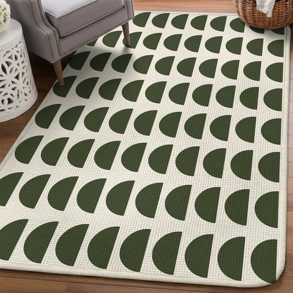 Forest Green Semicircles Area Rugs for Living Room 5x6, Boho Layered Modern Moss Arcs Washable Area Rug with Non Slip Backing, Stain Resist Linen Carpet for Bedroom, Dining Room, Entryway, Entrance